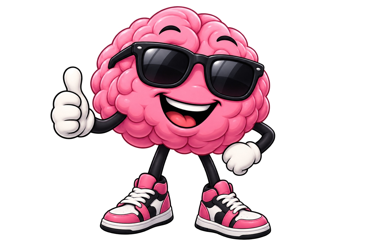 YESBRAIN mascot: a grinning pink brain in sunglasses giving a thumbs up