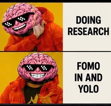 YESBRAIN doing research then FOMO YOLO meme